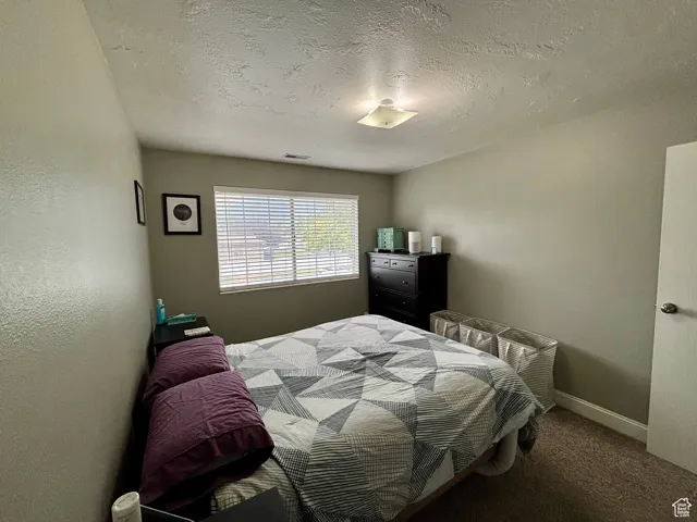 Bedroom with a textured ceiling, a textured wall, and carpet flooring