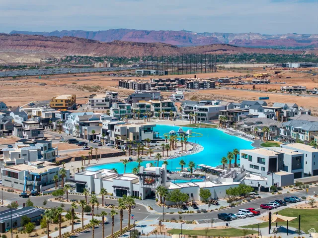 Bird's eye view of a mountain backdrop and Lagoon