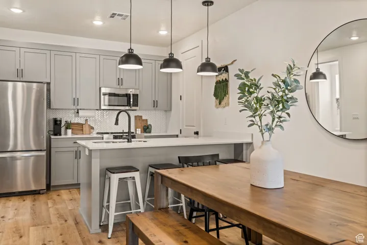 Kitchen with gray cabinets, appliances with stainless steel finishes, a peninsula, pendant lighting, and tasteful backsplash
