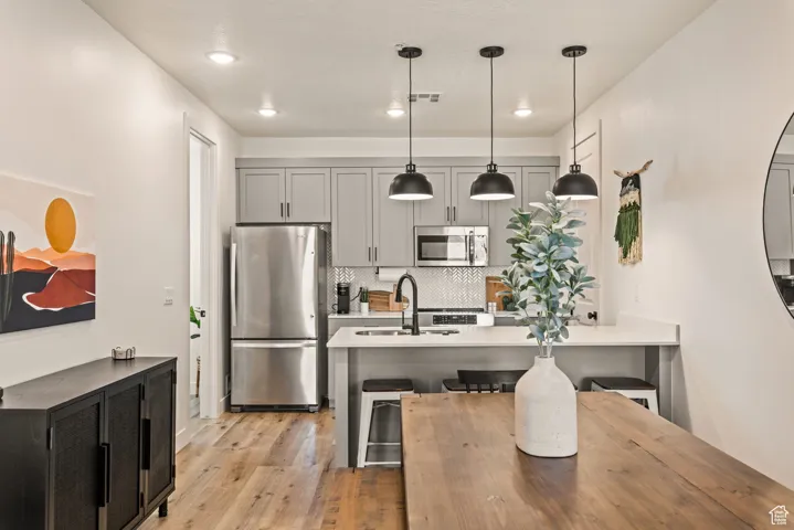 Kitchen featuring decorative backsplash, stainless steel appliances, light wood-type flooring, decorative light fixtures, and gray cabinetry