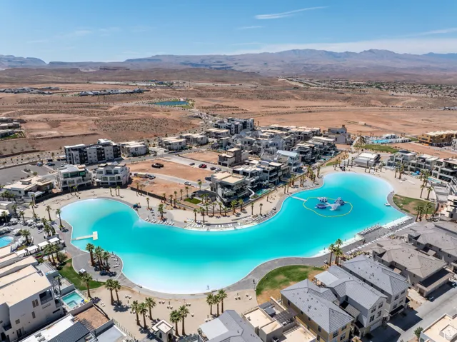 Drone / aerial view of a mountain backdrop and Desert Color Lagoon