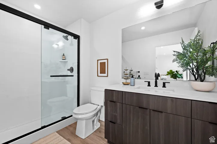 Bathroom featuring a shower stall, vanity, light wood-type flooring, and recessed lighting