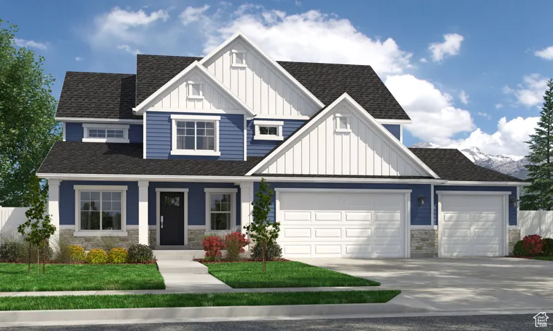 View of front of property featuring stone siding, board and batten siding, covered porch, a shingled roof, and concrete driveway