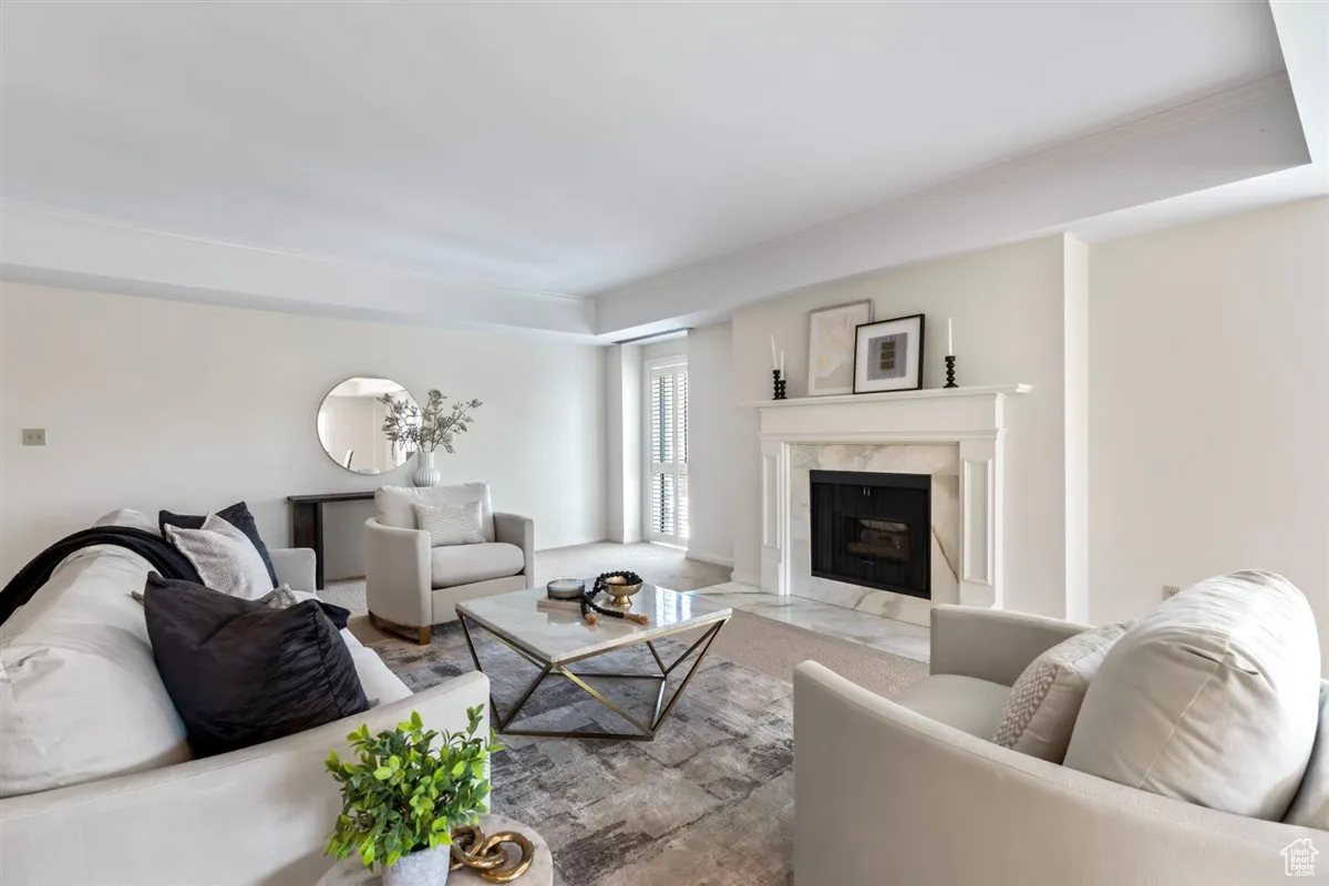 Living area with carpet floors, a premium fireplace, a tray ceiling, and ornamental molding