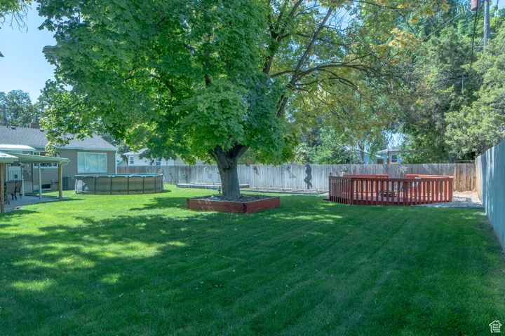 Fenced backyard featuring a vegetable garden