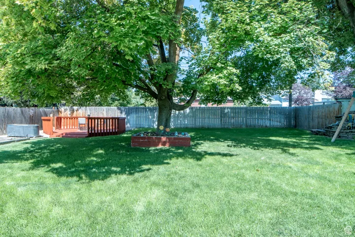 Fenced backyard with fire pit
