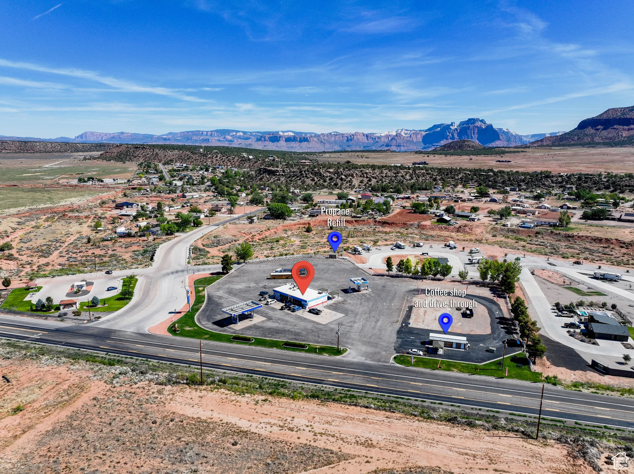 Bird's eye view of a mountainous background