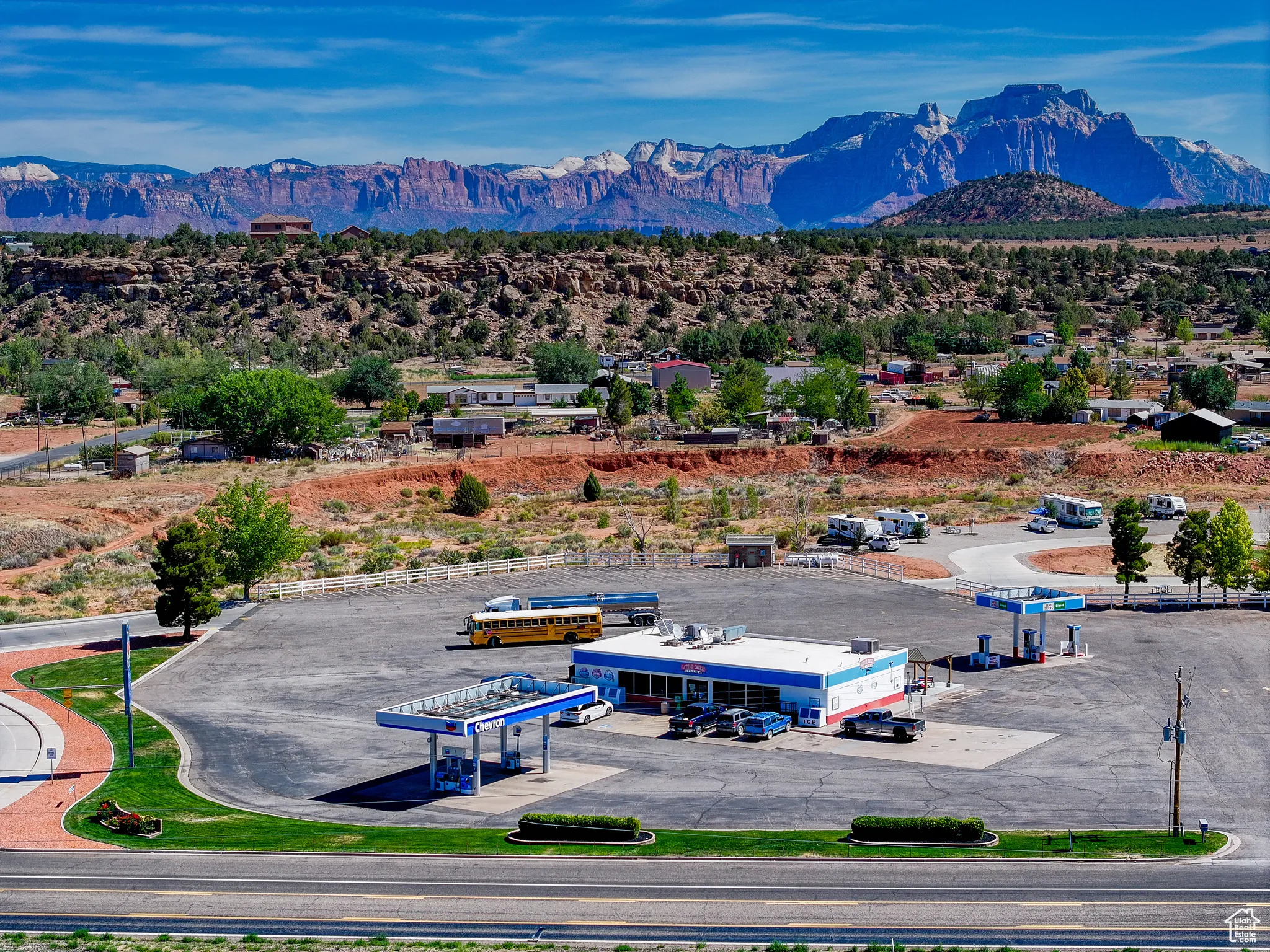 Drone / aerial view of a mountainous background