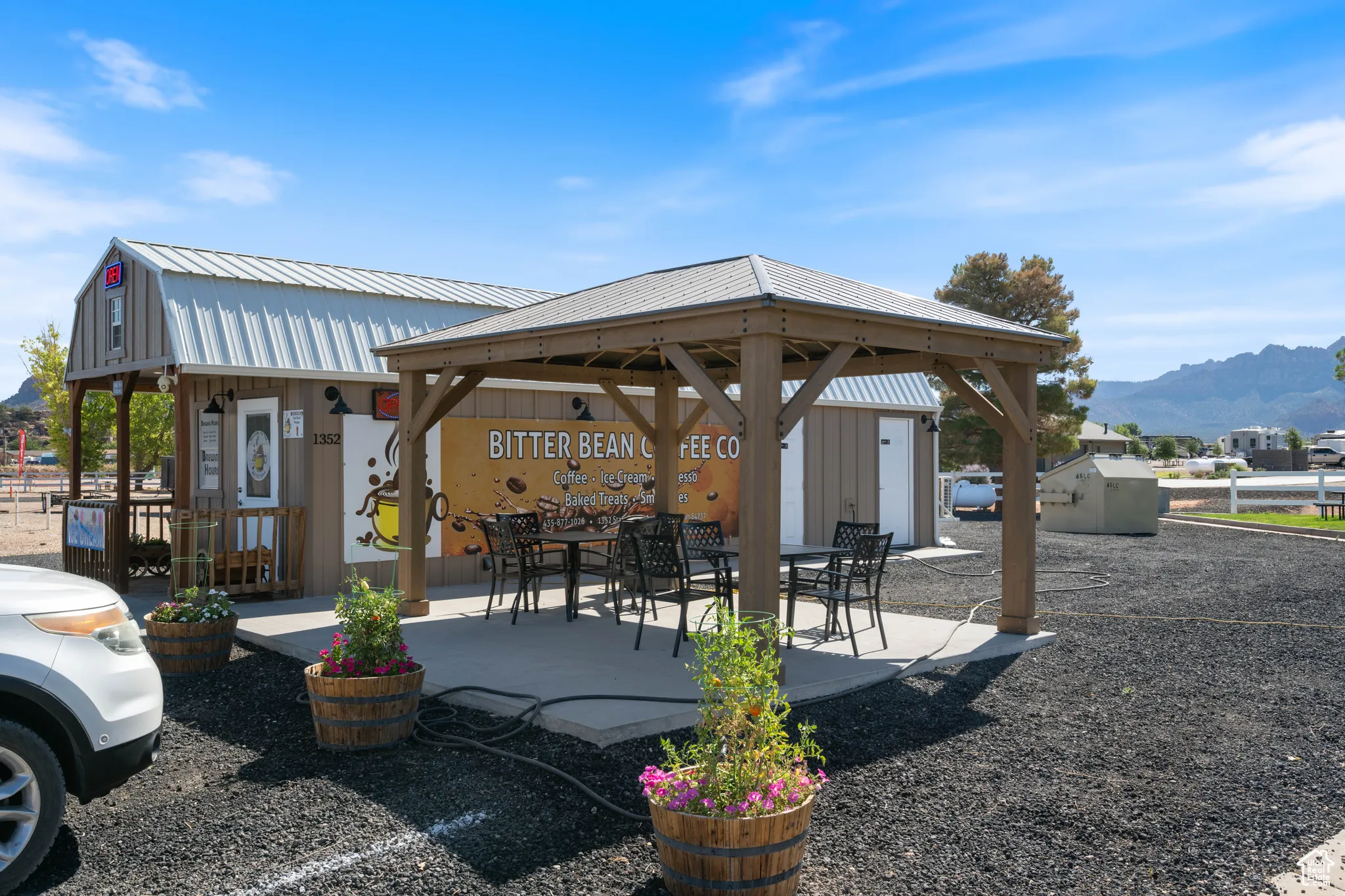 View of patio / terrace with a gazebo and a mountain view