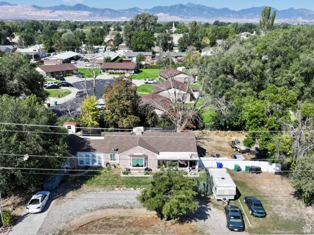 Aerial perspective of suburban area with mountains