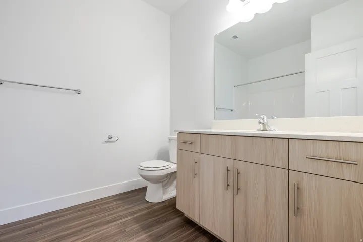 Full bathroom featuring vanity and dark wood-type flooring