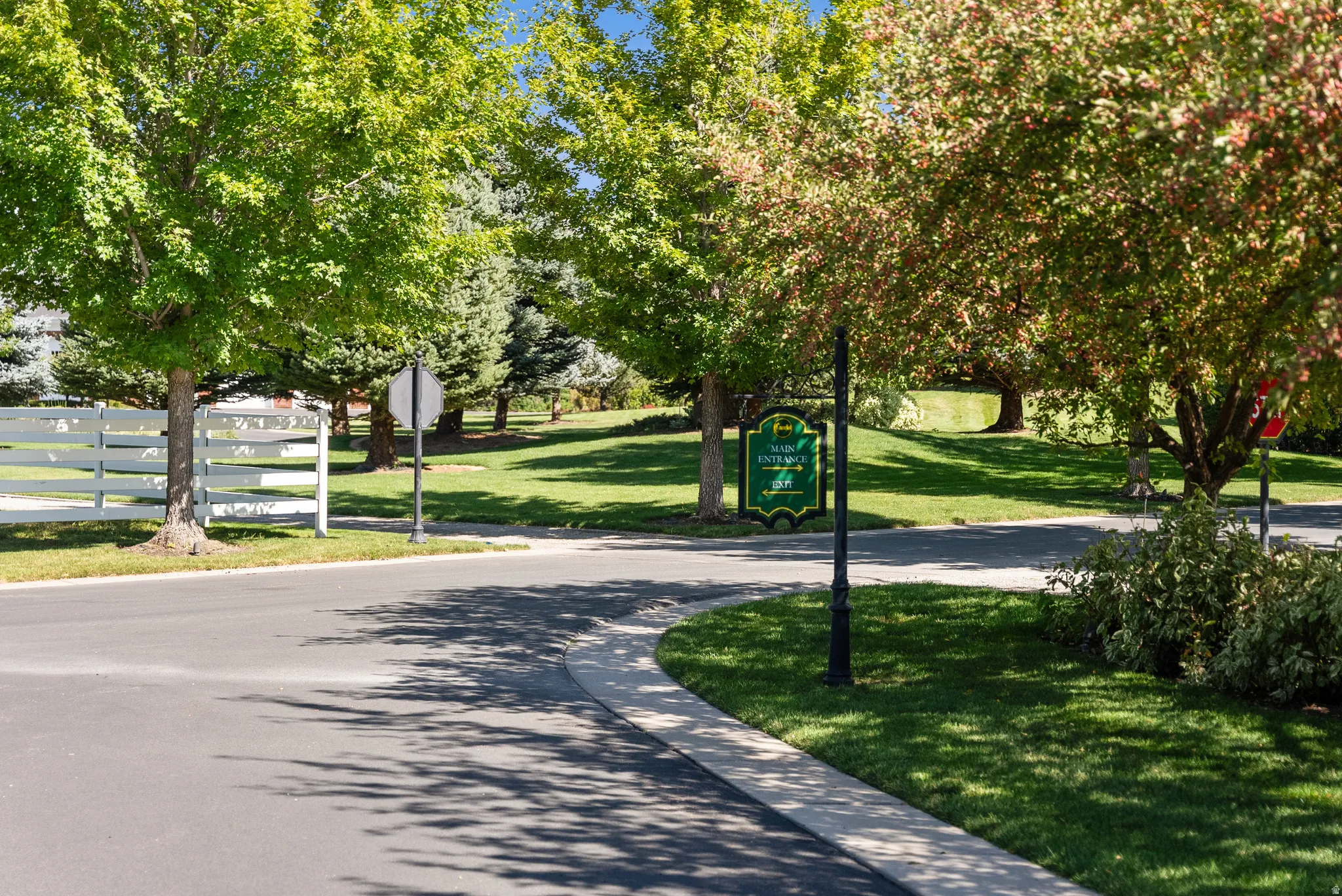 Winding asphalt roadway with a concrete sidewalk