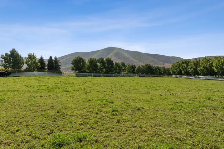 Expansive green pasture framed by white fencing and mature trees, set against a mountainous backdrop