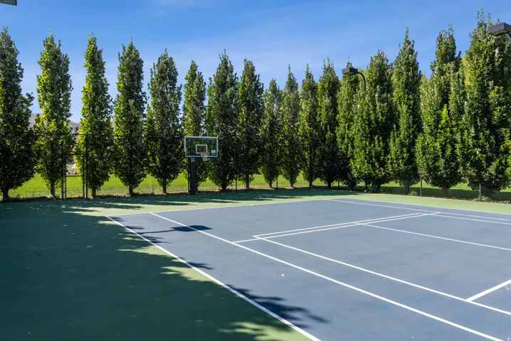 Multi-sport court featuring a basketball hoop and tennis court lines