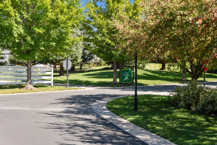 Winding asphalt roadway with a concrete sidewalk