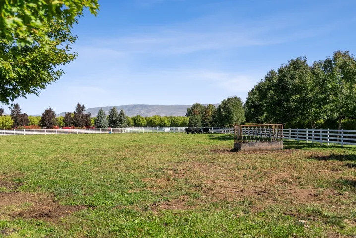 Expansive green pasture framed by a white rail fence, mature trees, and distant mountains