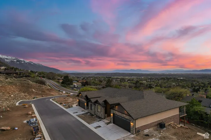 Aerial view at dusk of a mountain view