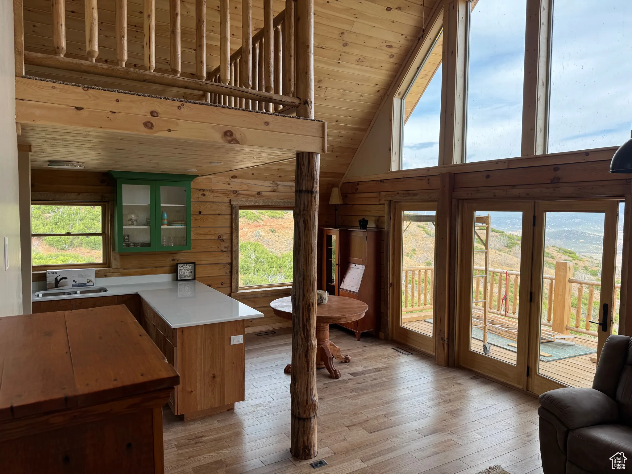 Open kitchen, dining, and living area.
