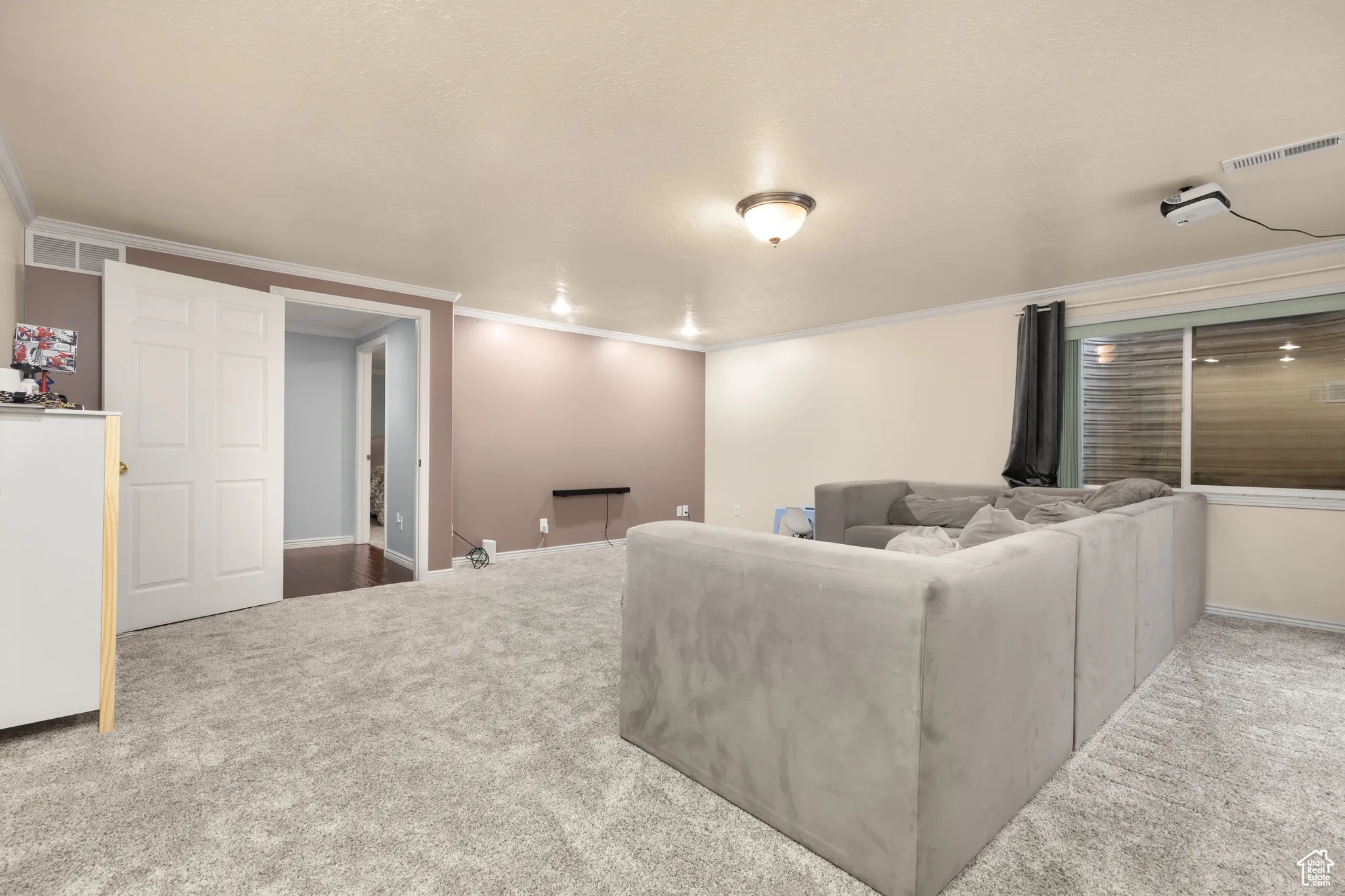 Living area with carpet floors, crown molding, and a textured ceiling