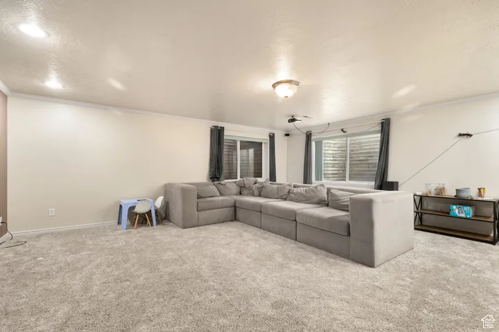Carpeted living room featuring a textured ceiling and ornamental molding