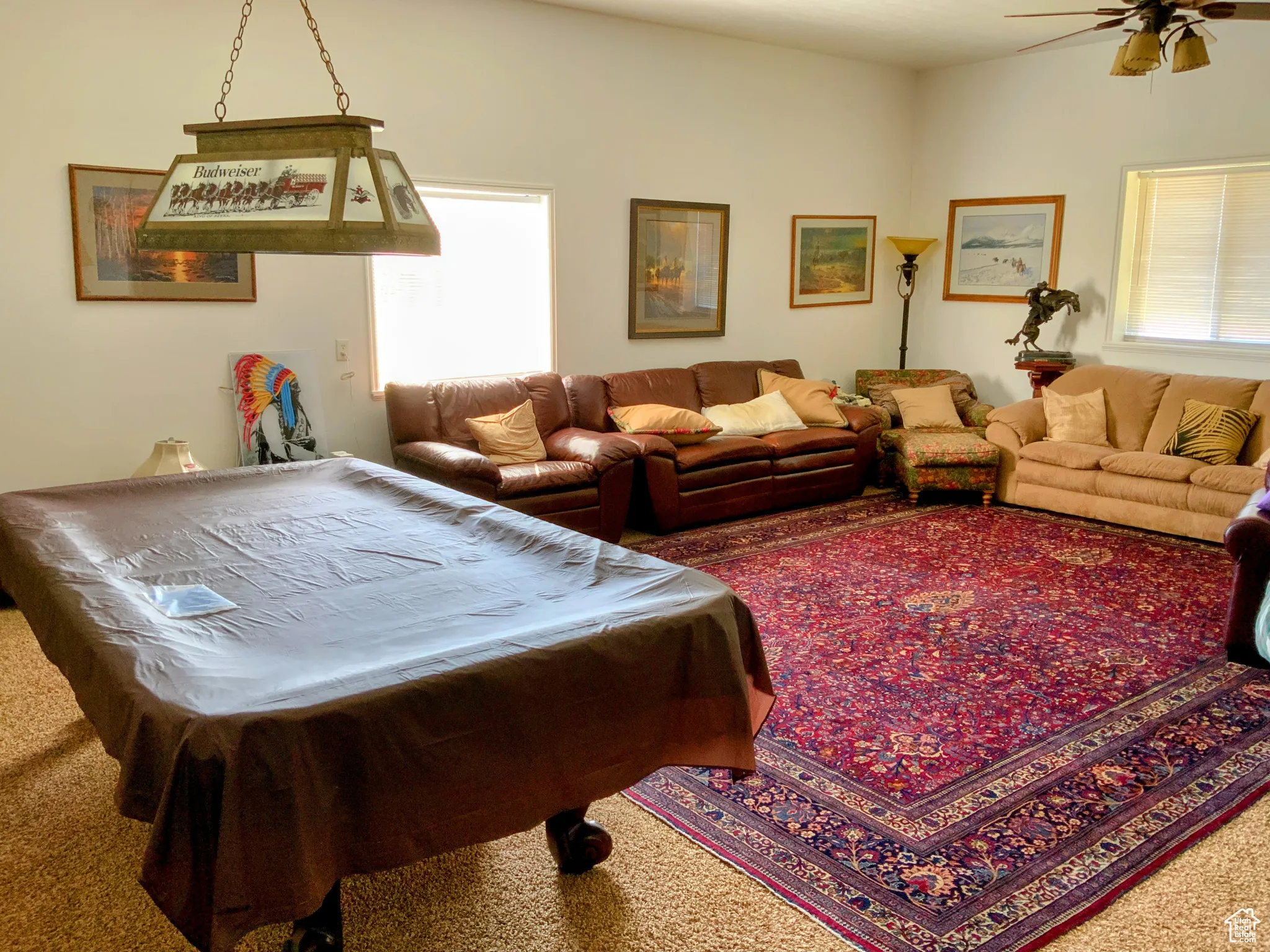 Playroom featuring billiards table and ceiling fan