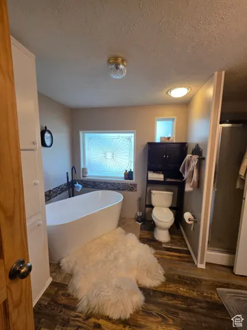 Full bathroom with a soaking tub, a stall shower, a textured ceiling, and dark wood-style floors