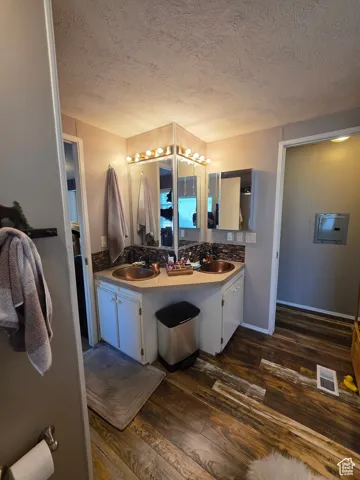 Bathroom featuring double vanity, a textured ceiling, dark wood-style floors, and electric panel