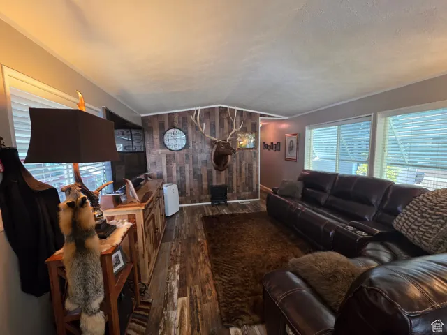 Living room with wood walls, dark wood-style floors, lofted ceiling, a textured ceiling, and an accent wall