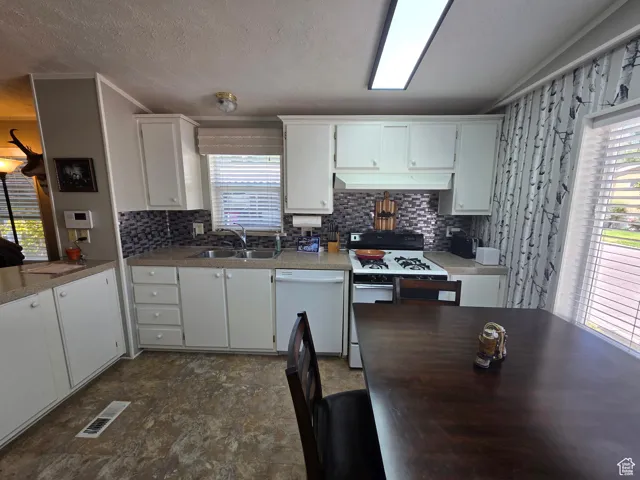 Kitchen featuring plenty of natural light, range with gas stovetop, dishwasher, decorative backsplash, and a textured ceiling