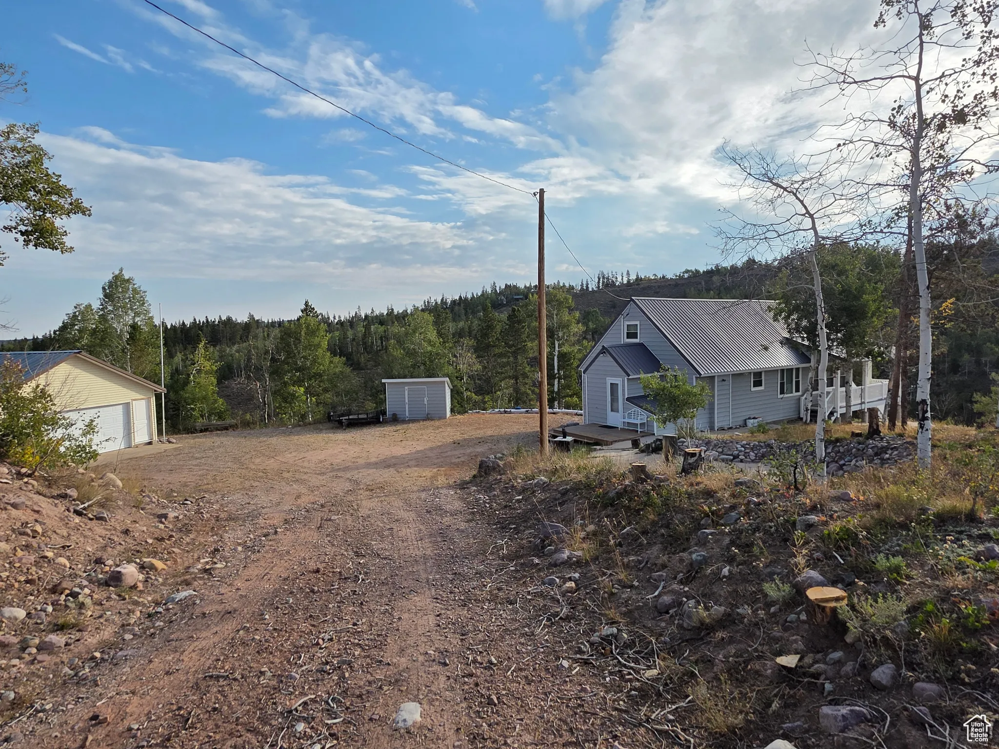 View of dirt / gravel road with a wooded view