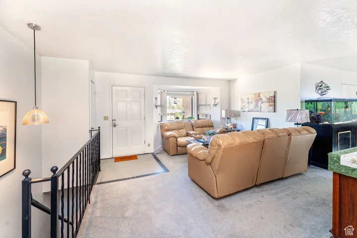 Living room featuring carpet floors and a textured ceiling