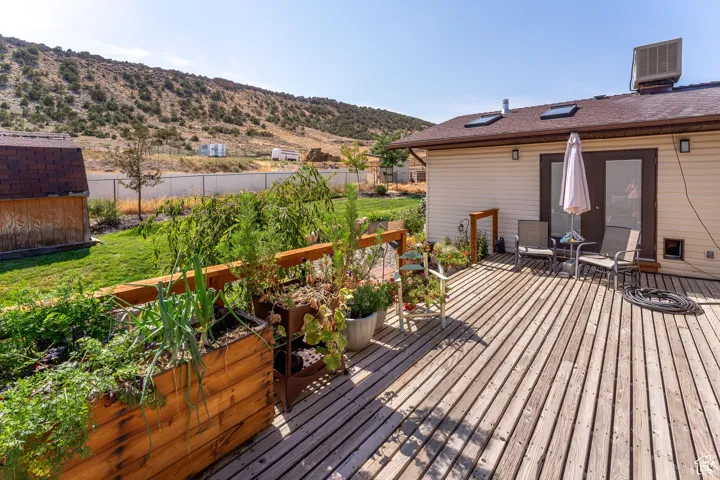 Deck featuring a fenced backyard and a mountain view