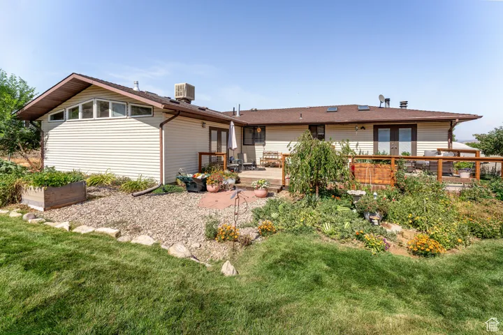 Back of property with a patio area, a lawn, and roof with shingles