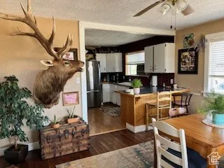 Kitchen with a textured ceiling, dark wood-type flooring, white cabinetry, healthy amount of natural light, and freestanding refrigerator