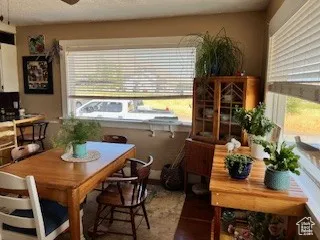 Dining area with a textured ceiling