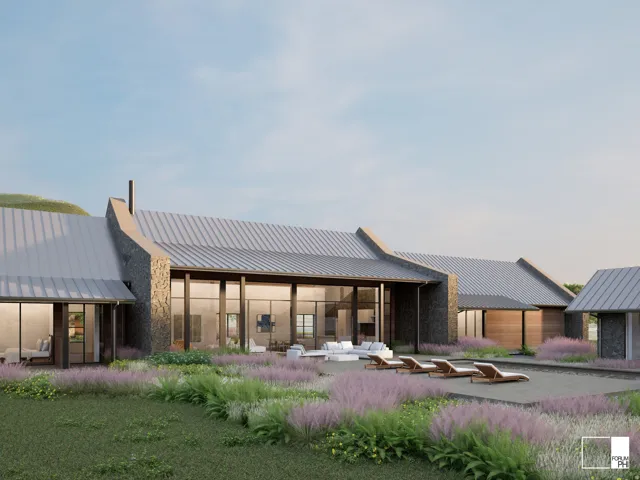 Expansive contemporary residence featuring a stone and wood facade, corrugated metal roofing, and floor-to-ceiling windows