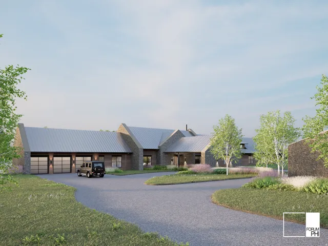 Stone and wood-finish exterior with multiple gabled metal roofs