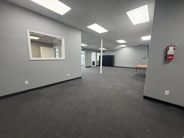 Open-concept commercial interior featuring gray walls, dark patterned carpet, and a drop ceiling with integrated rectangular lighting