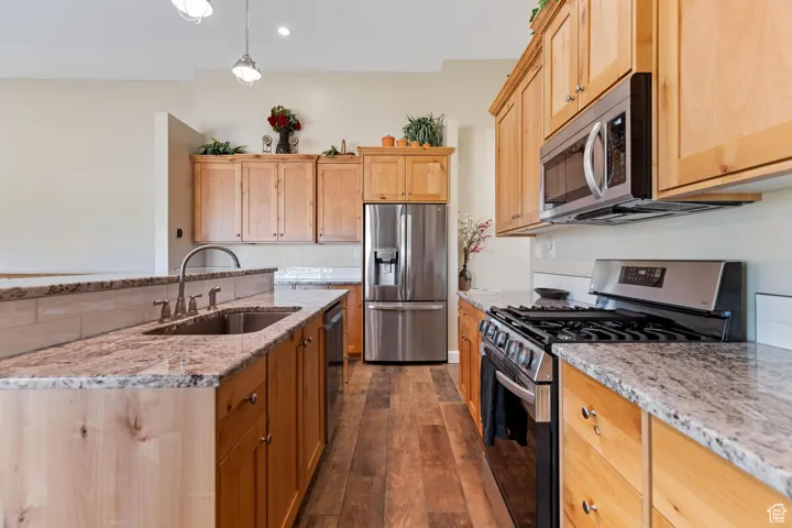 Kitchen with stainless steel appliances, light stone countertops, decorative light fixtures, dark wood-style floors, and light brown cabinetry