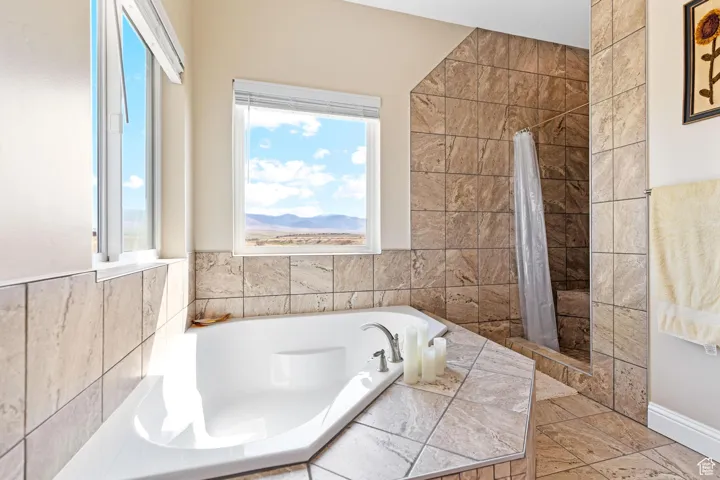 Main bath with a separate bath, a stall shower, a mountain view, and tile walls