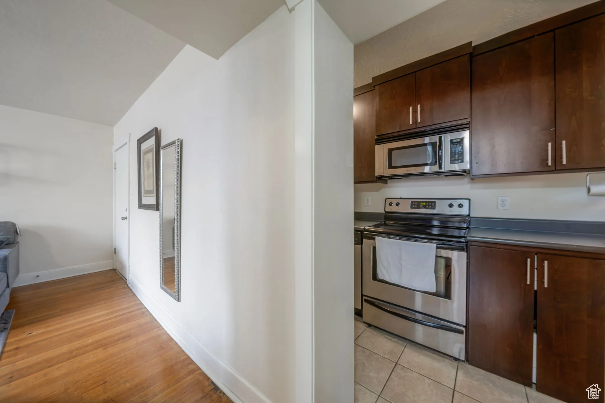 Kitchen featuring stainless steel appliances, dark brown cabinets, dark countertops, and light wood-type flooring
