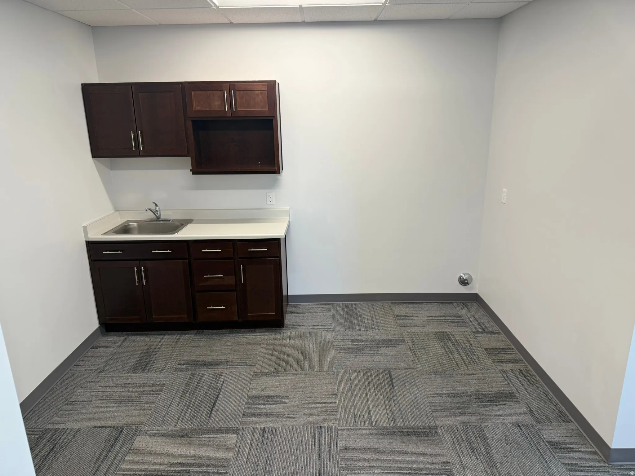 Bar featuring dark wood finish cabinets, dark carpet, light countertops, and a paneled ceiling