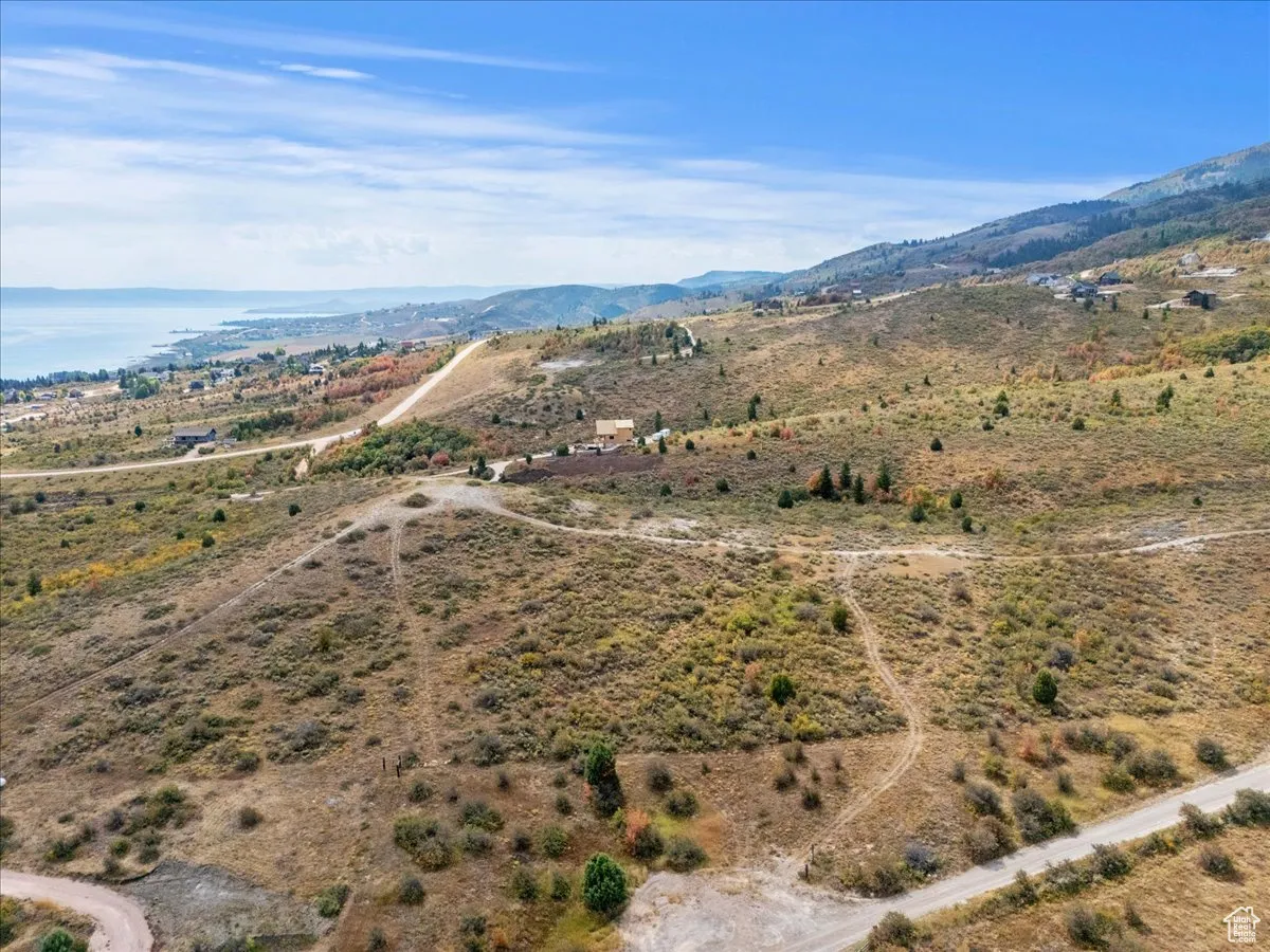Overview of rural landscape with a mountain backdrop