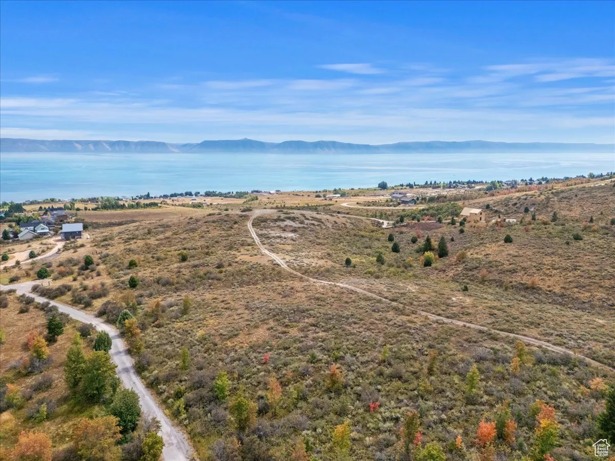 Aerial view of sparsely populated area with a water and mountain view