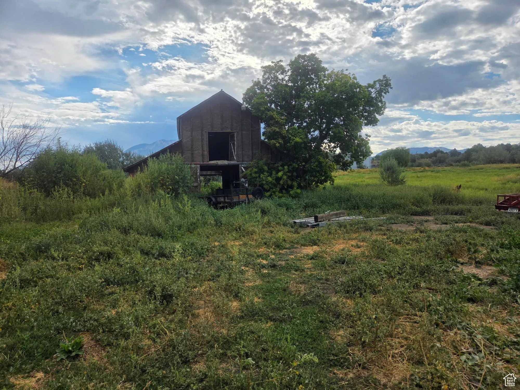 View of yard with a mountain view, an outbuilding, and a barn