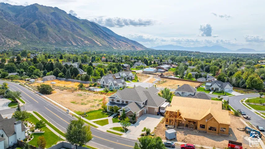 Aerial perspective of suburban area featuring a mountain backdrop