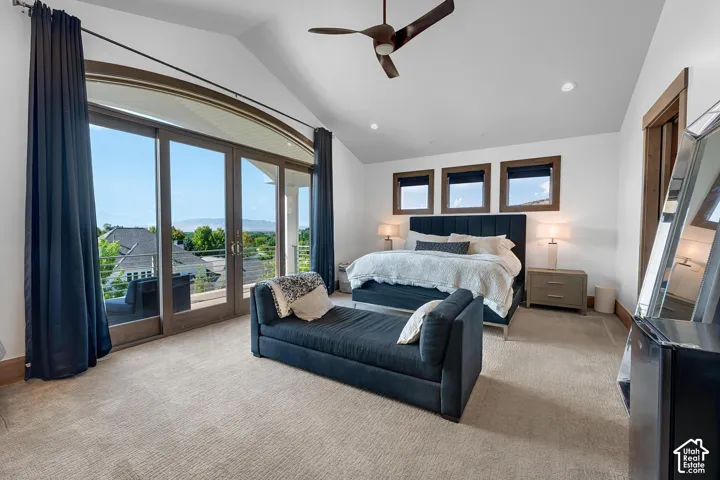 Bedroom featuring access to outside, lofted ceiling, carpet, recessed lighting, and a ceiling fan