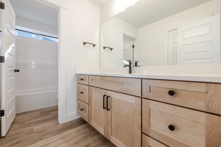 Bathroom featuring vanity, light wood finished floors, and shower / bath combination