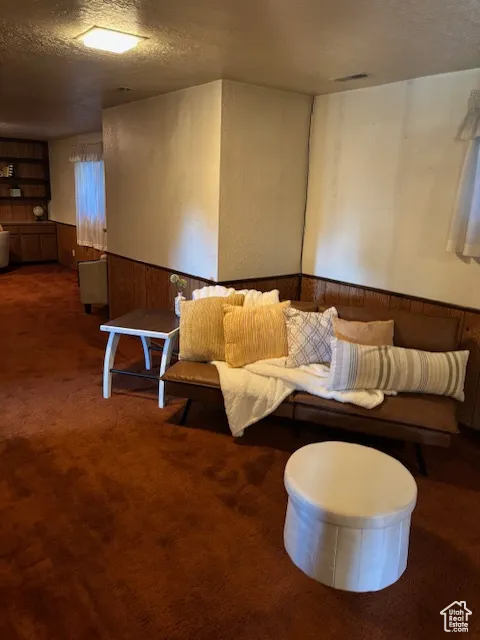 Living room featuring wood walls, wainscoting, a textured ceiling, and dark colored carpet
