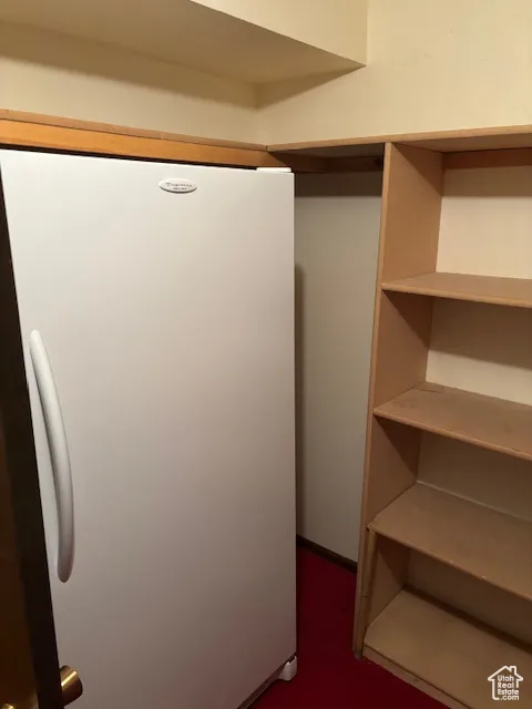 Walk in closet with dark colored carpet